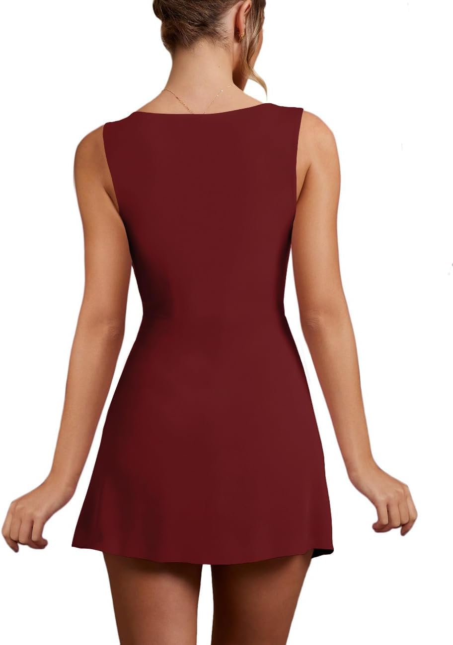 Women’s Sexy Sleeveless Square Neck Bodycon Ruched Split Party Club Mini Tank Short Dress - Image 4
