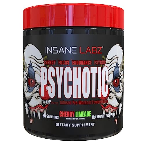 Image of Insane Labz Psychotic, High Stimulant Pre Workout Powder, Extreme Lasting Energy, Focus and Endurance with Beta Alanine, Creatine Monohydrate, DMAE, 35 Srvgs, Cherry Limeade
