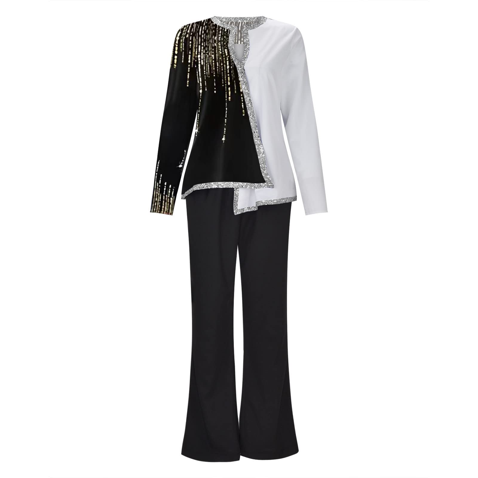 IQYU Traje de pantalón para mujer con purpurina, festivo, para invitados de boda, elegante, dos piezas, verano, manga larga, dobladillo asimétrico, pantalones de traje, pantalones de tela de cintura