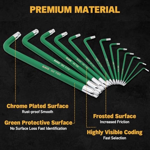 Image of ELEAD Jumbo Torx Key Wrench Set | 13-Piece Durable S2 Star Keys | L-Shaped Long Arm Design | Sizes T10 to T80 | Automotive | Mechanic | Furniture | Professional Grade Tools