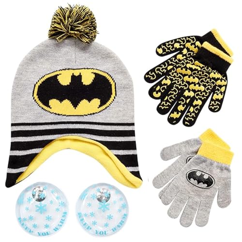 DC Comics Boys Batman Winter Hat 2 Pair Gloves or Mittens Set (Toddler/Little Boys) Size Age 4-7,Batman Winter Hat and Gloves With Handwarmers