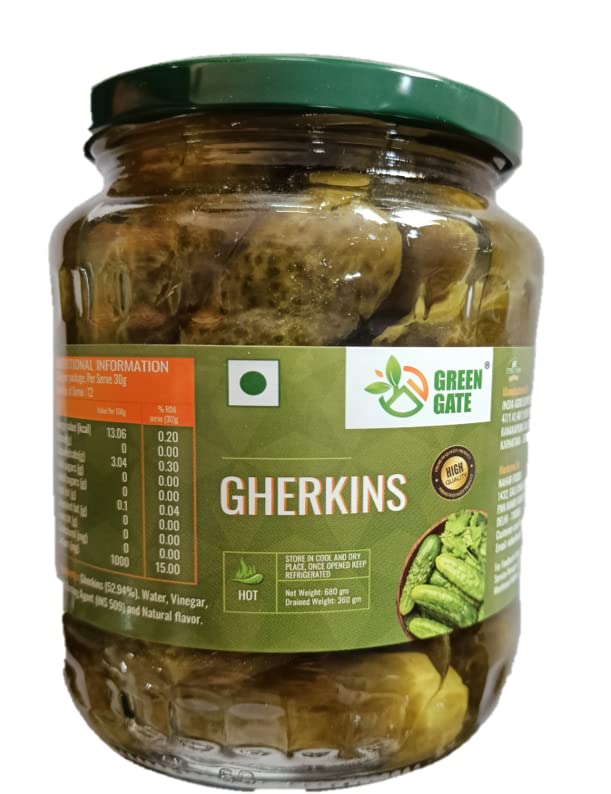 Green Gate Gherkins Big in Brine, 680g, Pack of 2 Ready to Eat | Zero Fat Crunchy Pickle | Perfect Topping for Pizza, Pasta, Sandwich, Burger, Salad , Snacks and More |