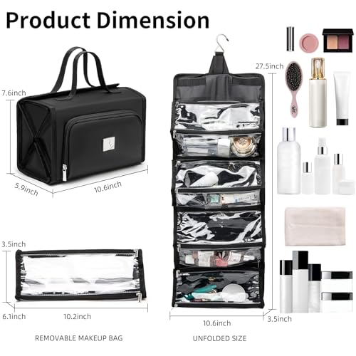 Roll Up Makeup Bag, Waterproof Toiletry Bag for Women, Hanging Travel Organizer bags with Jewelry Organizer Compartment, Extra Large 4 Clear TSA Approved Pouches Cosmetic Makeup (black)4