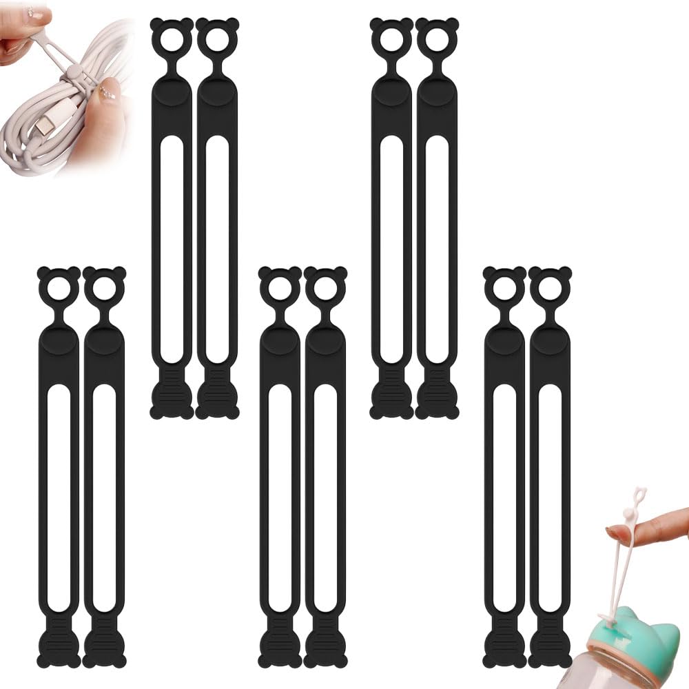 Koujut Silicone Headphone Organizer, Cord Organizer Cable Ties, Black (10 Pack, 4.25 inches, Lock Style)