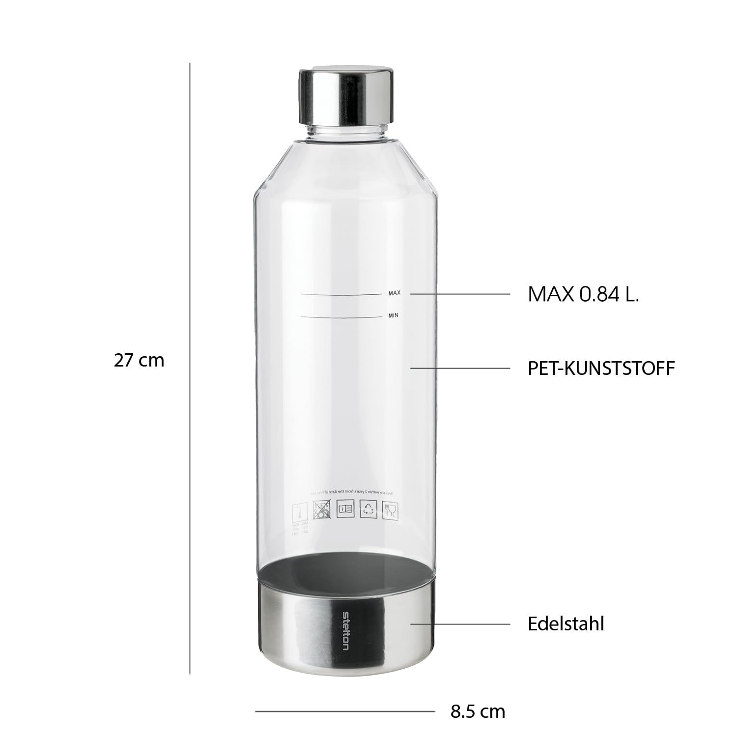 Stelton Brus Wassersprudler Edelstahl, Wassersprudler mit Flasche + 1 Extra Flasche, Manueller Soda Maker, Kompatibel mit 425 g CO₂-Zylinder, Skandinavisches Design