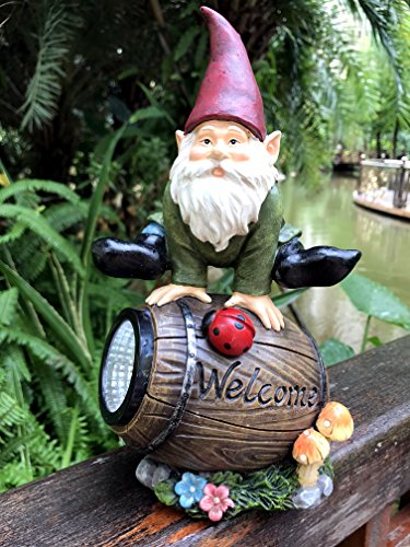 Solar Powered Gnome Jumping Over a Barrel with Ladybug LED Garden Light Decor - Image 4