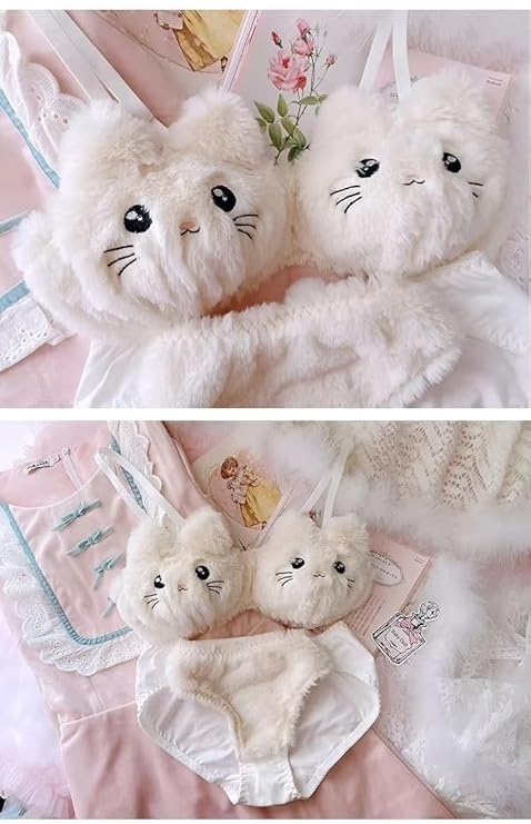 Image of Cute Kawaii Lingerie Set - Plush Kitty Design Adorable Bra and Panty Set in Soft Pink and Cream - Cosplay Lingerie Honeymoon Date Night Couple Valantine Day Gift Sexy Lingerie