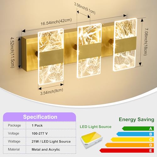 Image of Modern LED Bathroom Light Fixtures Dimmable 3-Light Gold Vanity Light