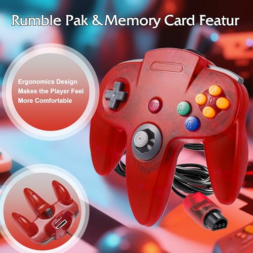 Image of KIWITATA 2 Pack Classic N64 Controller, Remote Wired N64 Joystick Gamepad Replacement Controller for Retro N64 System Video Games Console Transparent Red