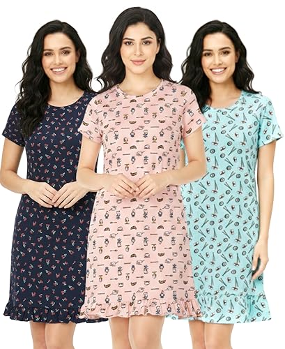 Image of ARIEL Cotton Knee Length Regular Fit Nighty for Womens | Night Dress | Long Tees (Pack of 3)