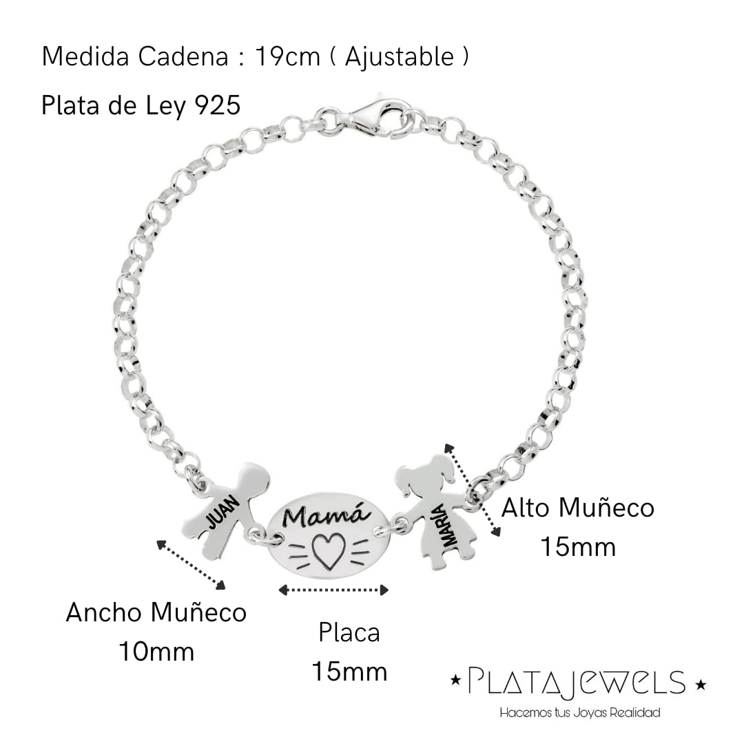 Pulsera Personalizada Placa Mama Niños de Plata de Ley 925.Pulsera Ideal como Regalo para Madre. Pulsera con Nombre personalizado de Hijos .Graba de1 a 4 Nombres. Ajustable