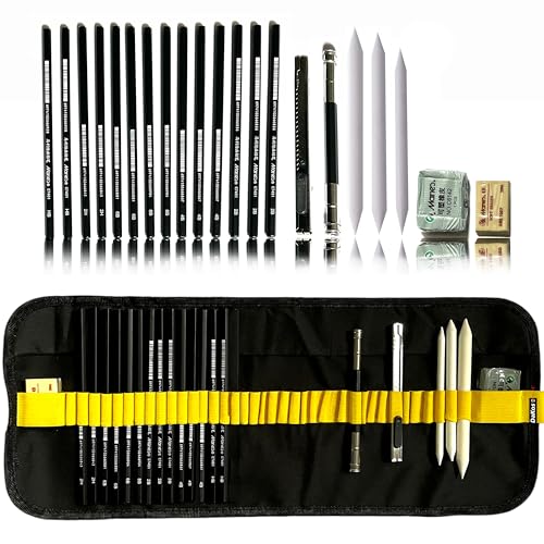 Image of DaKos 22 Pieces Professional Sketching & Drawing Art Tool Kit with Graphite Pencils, Charcoal Pencils, Paper Erasable Pen, Craft Cutter-Lightwish (with Canvas Rolling Pouch)