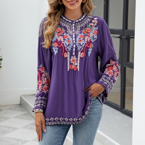 Womens Fall Fashion Long Sleeve Mexican Shirts Embroidered Tops Peasant Blouses Boho Clothes for WomenTrendy3