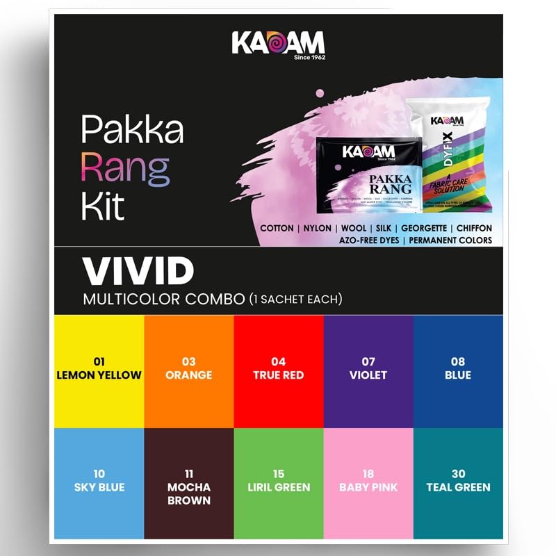 Kadam Pakka Rang Fabric Dye for Clothes, Multicolour Combo (C1: Vivid- Lemon Yellow, Orange, Red, Violet, Blue, Sky Blue, Brown, Parrot Green, Baby Pink, Teal Green), DyFix Color Fixer