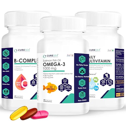 Image of Salmon Omega-3 Fish Oil 1000mg + Daily Multivitamin + Vitamin B Complex 100% RDA with Vitamin D3, E, Lycopene & Ginseng | Combo Pack of 60 Softgels + 120 Veg Tablets