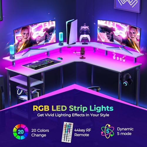 Image of Rolanstar L Shaped Gaming Desk with LED Lights & Power Outlets, 55.1 inch Computer Desk with Full Monitor Stand & Storage Shelf, Corner Desk with Hooks, White Desk Reversible