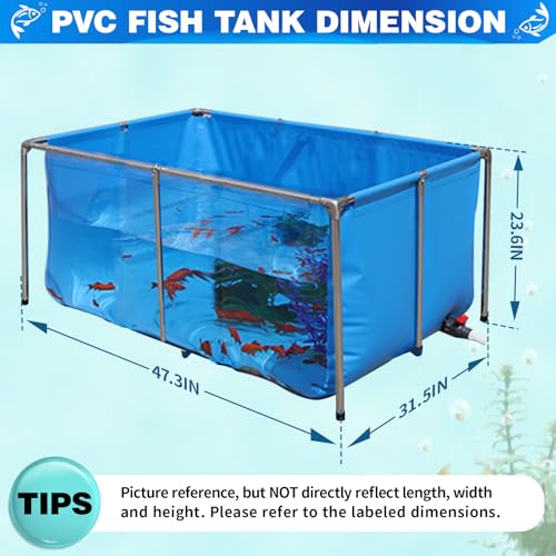 Image of PVC KOI Aquarium Tank, Temporary Fish Tank with Clear Viewing Panel, KOI /Goldfish Pond with 304SS Frame & Drain Valve(47.3 inch L*31.5 inch W*23.6 inch H, About 135Gal Water Capacity)