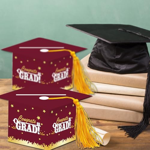 Image of 2026 Graduation Party Card Box, Maroon Gold Congrats Cap Card Holder Box with Tassel for 2026 Graduation Party Decorations