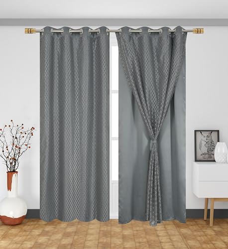 Image of IVAZA Faux Silk Hybrid Designer 100% Blackout Curtain 2-in-1 |Dual-Layer Design with Decorative Mesh Overlay & Tie Ribbon|100% Light Blocking,Thermal Insulated, Window- 5 Feet (Pack of 2) Grey