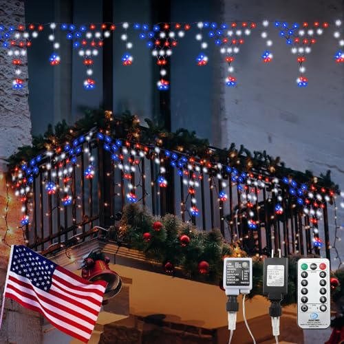 Puhong JT-EL/FC300V0200-C New) 4Th Of July Decorations, 218 Led Red White And Blue String Lights With Remote, 13.8Ft Expandable 8 Modes Outdoor Waterproof Icicle Lights For Memorial Day, Election Day, Patriotic Decoration thumb #7
