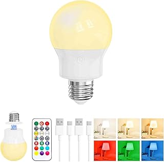 Lâmpada LED recarregável E27 com controlo remoto, ajustável, magnética, com bateria, 3 temperaturas de cor 9 cores RGB, 480 lm, 3 Timers, para lâmpadas sem corrente, campismo e emergência, 1 pacote