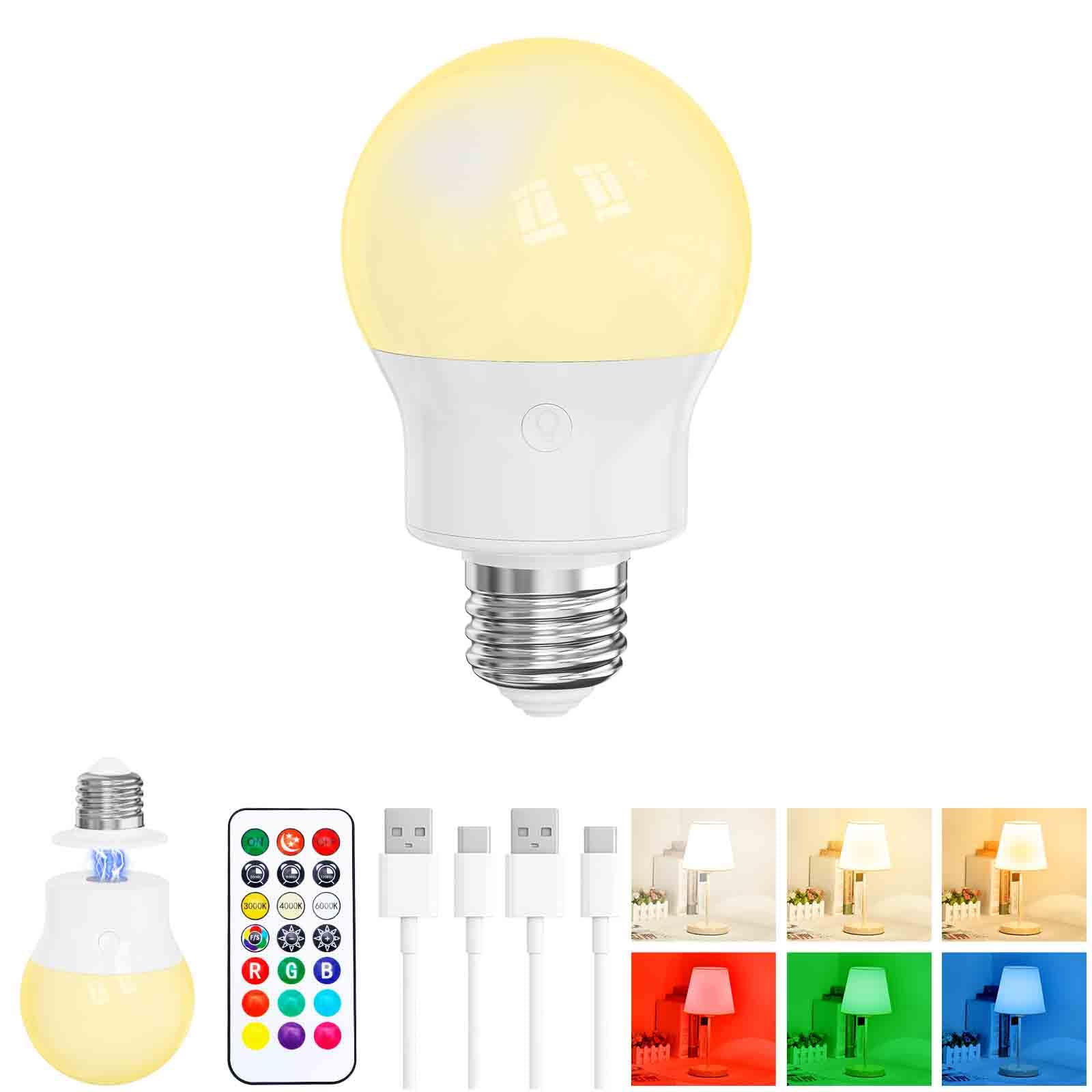LED Rechargeable Light Bulb With Remote, Magnetic E27 Battery Operated Light Bulbs, 3 Color Temperature + 9 RGB Colour, 480LM, 3 Timer, For Lights, Lamps Without Power, Camping, Emergency 1 Pack