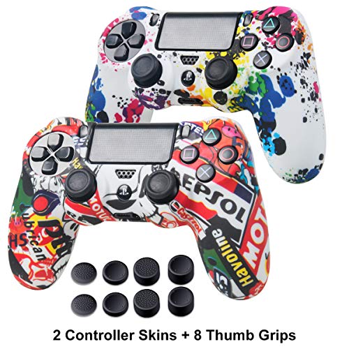 PS4 Controller Skins - Silicone Cover Skin for Dualshock 4 Controller with PS4 Thumb Grips x 8 - Water Transfer Printing Silicone Protector Case Set for PS4, PS4 Slim, PS4 Pro