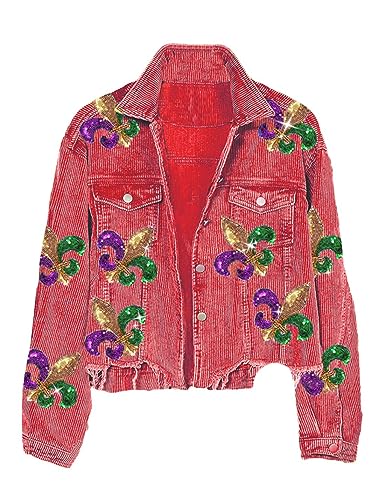 happlan Women's Sequin Embroidery Cropped Frayed Hem Vintage Washed Corduroy