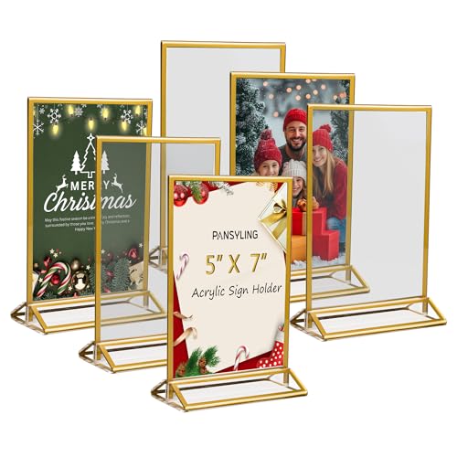 Paquete de 6 soportes acrílicos para letreros de 5 x 7 pulgadas, soporte de menú transparente de doble cara, marcos de fotos dorados para números de mesa de boda, soporte de letrero de exhibición de