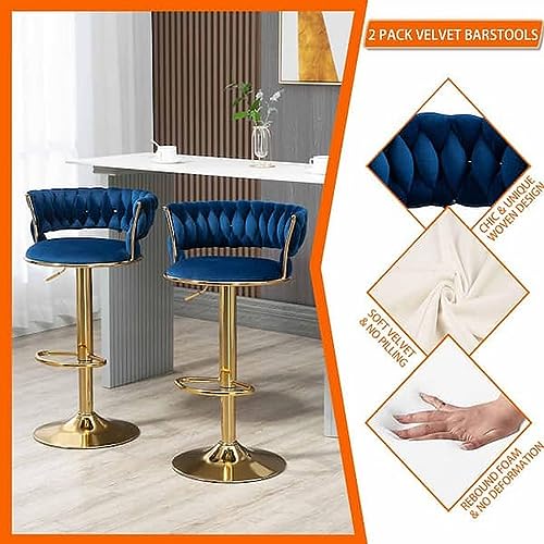 Image of Dream Furnishing - Set of 2 Bar /Kitchen Chairs 360 Degree Rotatable Swivel Elegant Classy & Comfortable Chair with Golden Base and Velvet Fabric (2 Chairs) (Blue)
