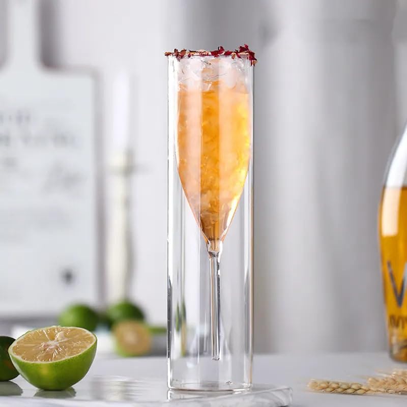 Double Wall Wine Glass, Stylish Wine Glass 150 ML Set of 1 Elegant Bar Glassware for Champagne Glass Water, Drinks and Cocktails and Mixed Drinks Glass and Unique Long Champ Wine Glass