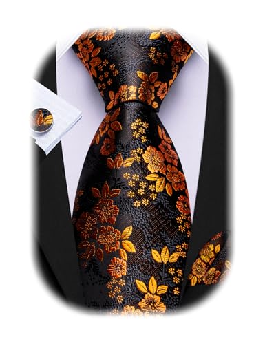 Image of Barry.Wang Flower Ties for Men Handkerchief Cufflinks Set Wedding Necktie Set Party