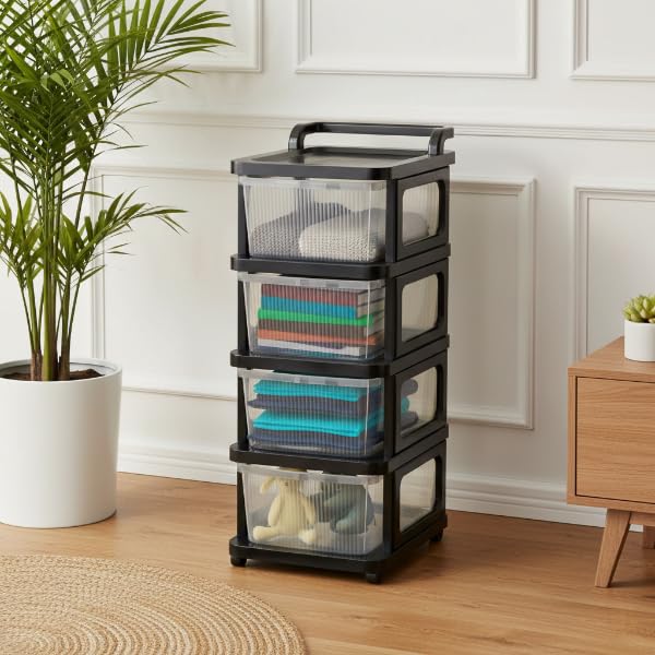Image of KITCHIVO Heavy Duty Plastic Storage Drawer with Wheels | Modular Cabinet for Bedroom, Office, Home or Classroom| Chest of Drawers Organiser for Cosmetics, Kitchen items, Toys (Transparent, 4)