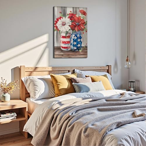 Image of Framed American Flag Mason Jar Flower Wall Art, Patriotic Farmhouse Canvas Art Pictures, USA Flag Wall Decor, Made in USA Ready to Hang for Kitchen Living Room