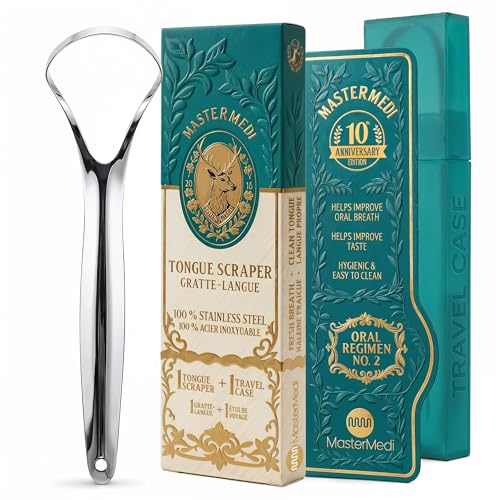 Image of MasterMedi Tongue Scraper for Adults, 100% Stainless Steel Tongue Scrubber for Bad Breath, Easy to Use, Tongue Cleaner for Oral Care & Hygiene (SPTC-1|with Case)