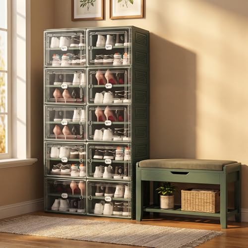 Image of Green Foldable Shoe Storage Cabinet for 40 Pairs with Magnetic Clear Doors, Portable Enclosed Shoe Organizer, 3-Step Quick Assembly for Entryway, Closet, Garage