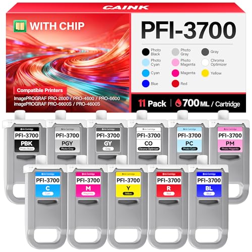 Image of PFI-3700 Pigment Ink Tank Set 11-Pack 700ml High Capacity Replacement for Canon PFI-3700 PFI3700 Ink Cartridges Compatible for Canon imagePROGRAF PRO-2600 PRO-4600 PRO-6600 PRO-6600S PRO-4600S Printer
