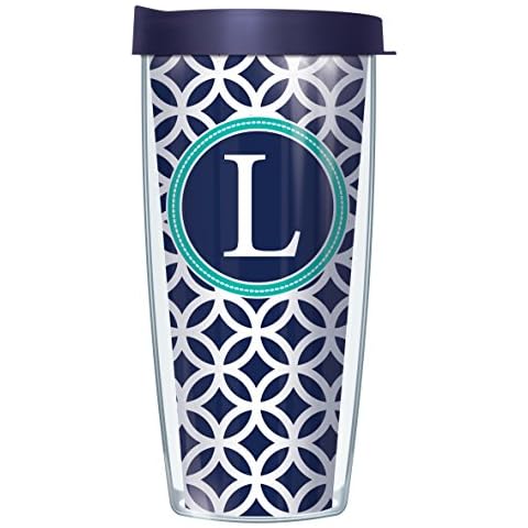 Signature Tumblers"L" Monogram Insignia Wrap on Navy and White Roundabout 22 Ounce Double-Walled Travel Tumbler Mug with Navy Blue Easy Sip Lid Cover