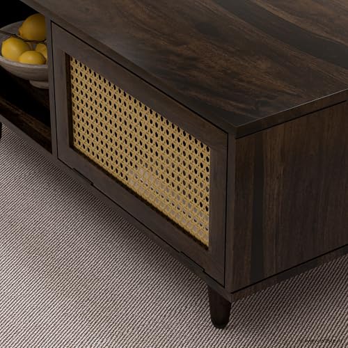 Image of Bhawo Solid Sheesham Wood Coffee Table & Center Table for Living Room with Rattan Cane Lift-Down Shutter & Open Shelf, Solid Wooden Teapoy for Sofa with Storage (Walnut Finish)