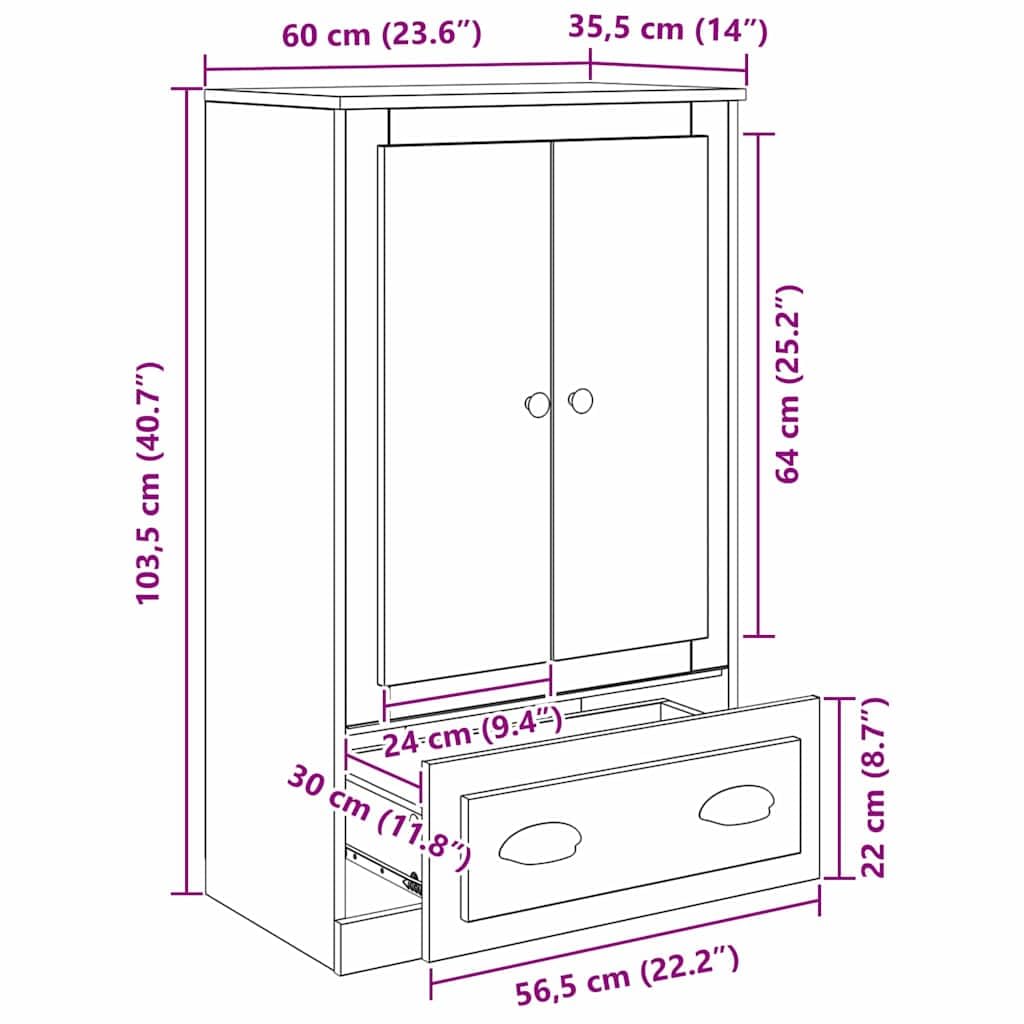 Highboard Meuble haut en bois vieilli 60 x 35,5 x 103,5 cm avec tiroir et portes, commode moderne pour salon, chambre à coucher, couloir, avec espace de rangement et étagère pour l'ordre