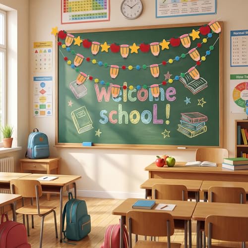 Image of Tatuo 3 Pcs 17.72 ft Back to School Felt Pom Banner Pencil Apple Hanging Banner Welcome Classroom Garland for First Day of School Decoration