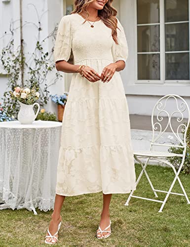 MEROKEETY Women's 2025 Summer Puff Sleeve Smocked Floral Dress Crewneck Lace Flowy Tiered Midi Dresses3