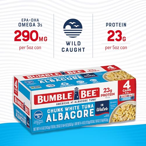 Image of Bumble Bee Chunk White Albacore Tuna in Water, 5 oz (Pack of 4) | Wild Caught Tuna, 23g Protein per Can, High in Omega-3s, Non-GMO, Gluten Free, Kosher