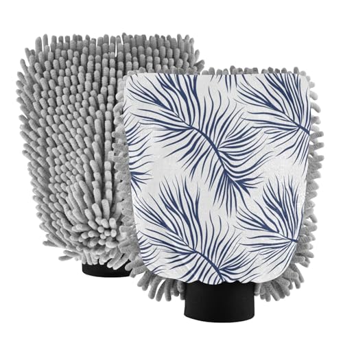 ALAZA Blue Palm Leaves Car Wash Mitt Scratch Free, 2 Pack Absorbent Microfiber/Chenille Washing & Drying Mitts, L