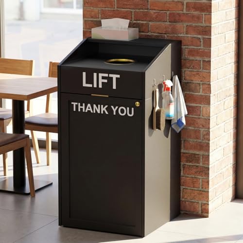 Image of 40 Gallon Commercial Trash Can Cabinet with Tray Holder, Wooden Trash Can Cabinet with Top Cup Slot, Heavy-Duty Restaurant Trash Can with Lift Up Door for Cafe Restaurant Office