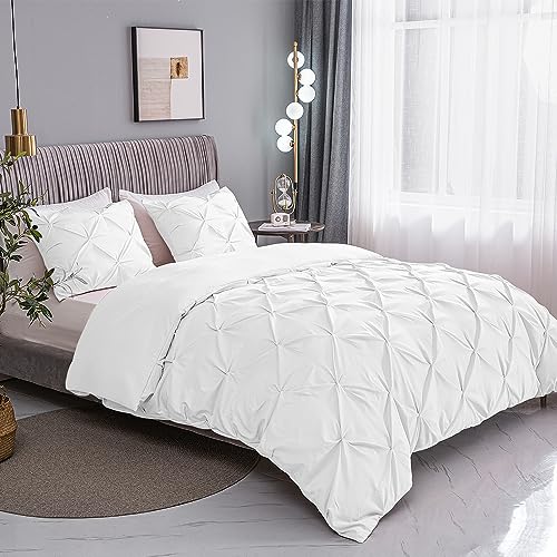 Ashleyriver 3 Piece Luxurious Pinch Pleated Cal King Duvet Cover With Zipper & Corner Ties 100% 120 G Microfiber Cal King Duvet Cover Set(California King White) #TOP4