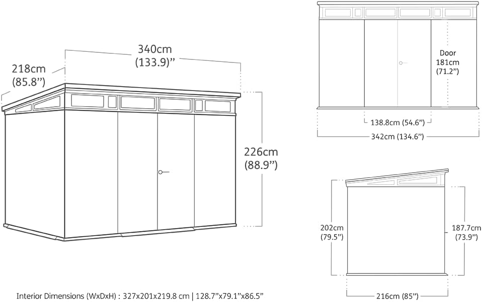 Diagram showing the dimensions of the Keter Cortina 117 Garden Shed