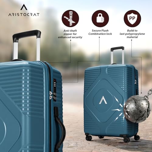 Image of Aristocrat Crystal Check-in Trolley Bag 66cm | Medium Hard Luggage | 8-Wheel Suitcase for Travel | Combination Lock with Anti-Theft Zipper | Polypropylene | 3 Years International Warranty (Teal Blue)