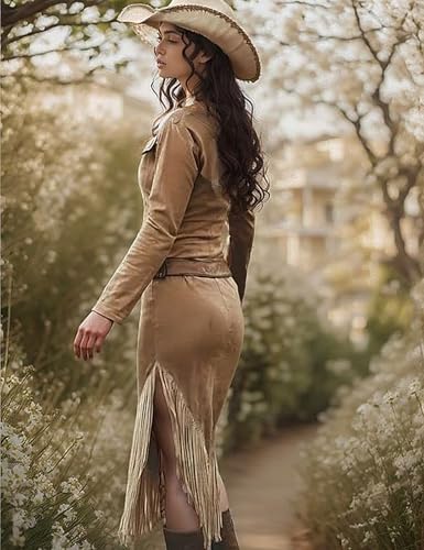 2025 Women’s Fall Winter Vintage Midi Dresses, Long Sleeve Slim Fit Suede Dress with Lapel, Tassels & Belt Daily2