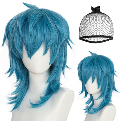 ANOGOL Hair Cap+Blue Wig with Bangs Aqua Cosplay Wig Shoulder Length Hair with Bangs Short Layered Medium Light-blue Wigs for Men Women Anime Outfit for Halloween Party Blue Mullet Wigs